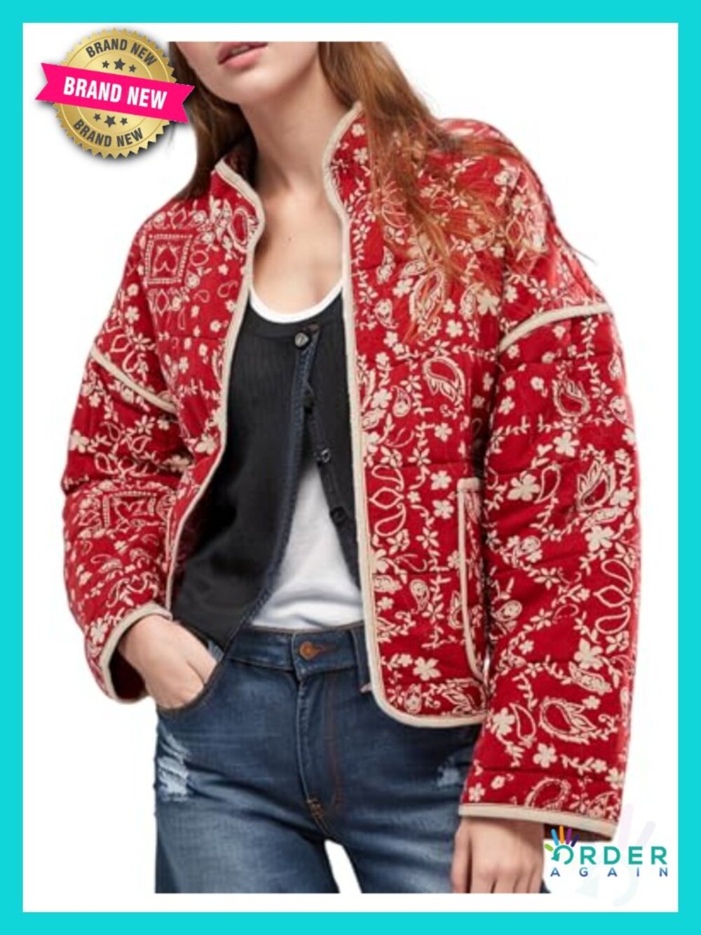 Women's Cropped Quilted Floral Puffer Jacket Open Front